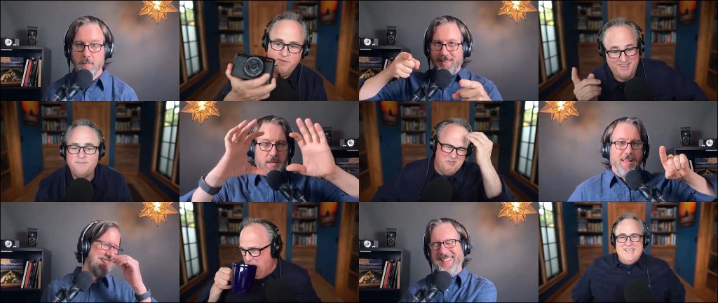 A grid of 12 photos depicting two male podcasters talking about photographic topics.