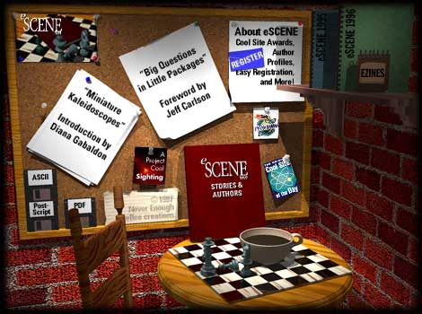 A 3D-rendered cafe corner scene with a chessboard, cork board, and pages and books related to eSCENE navigation.