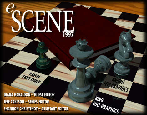 3D rendering of a chessboard and a book with the text eSCENE 1997.